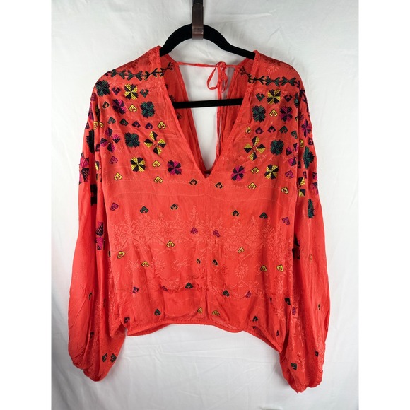 Free People Tops - Free People Coral Red Embroidered Boho VNeck Balloon Sleeve Blouse Top Small NWT
